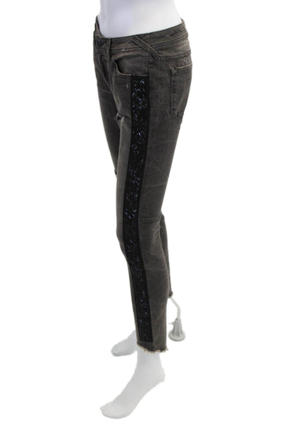 Free People Womens Zipper Fly Distressed Beaded Trim Cropped Jeans Brown Size 26