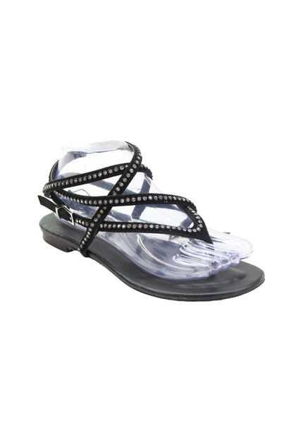 Tamara Mellon Womens Strappy Rhinestone Slingback Flat Sandals Black Size EUR 37