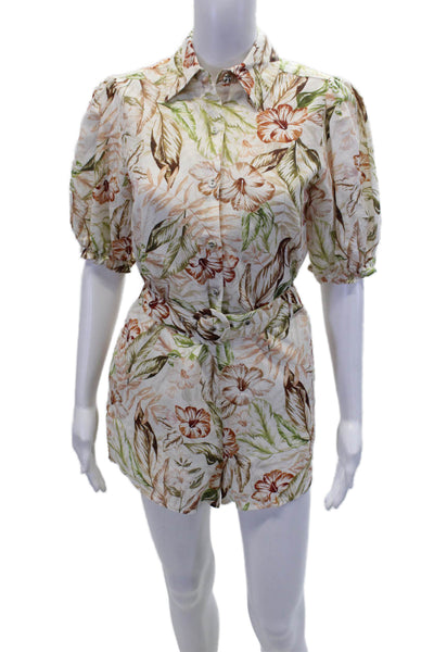 Charlie Holiday Womens Linen Hawaiian Printed Puff Sleeve Romper White Size XS