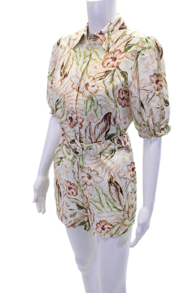 Charlie Holiday Womens Linen Hawaiian Printed Puff Sleeve Romper White Size XS