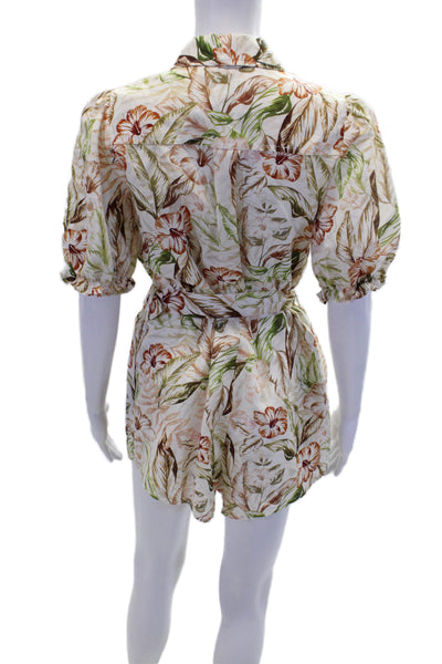 Charlie Holiday Womens Linen Hawaiian Printed Puff Sleeve Romper White Size XS