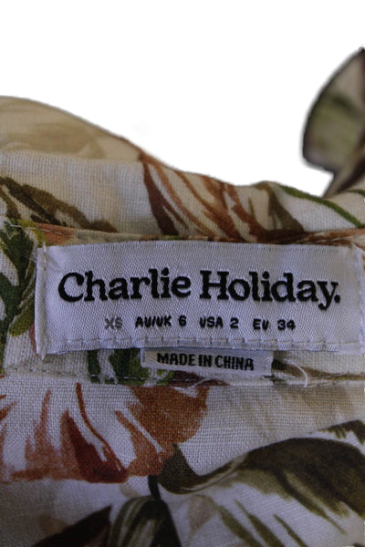 Charlie Holiday Womens Linen Hawaiian Printed Puff Sleeve Romper White Size XS