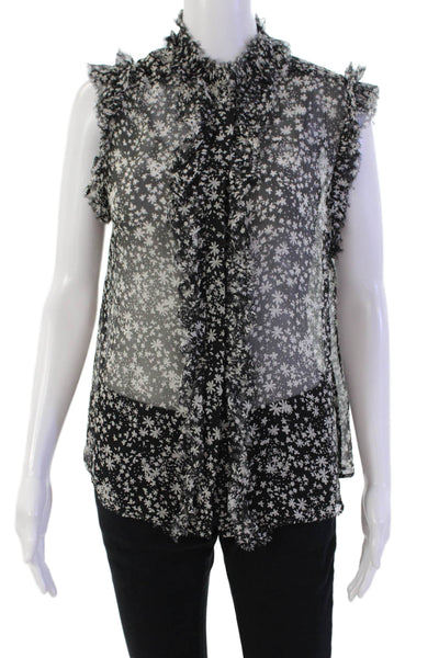 7 For All Mankind Womens Floral Ruffle Detail Sleeveless Blouse Top Black Size S
