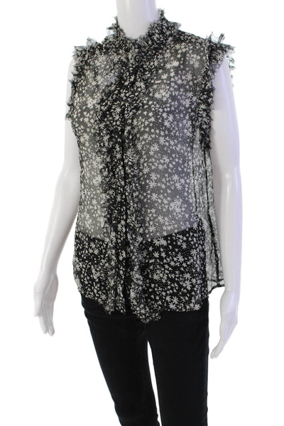 7 For All Mankind Womens Floral Ruffle Detail Sleeveless Blouse Top Black Size S