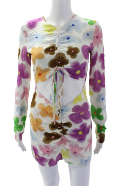 With Jean Womens Back Zip Long Sleeve Cut Out Floral Dress White Multi Size XS