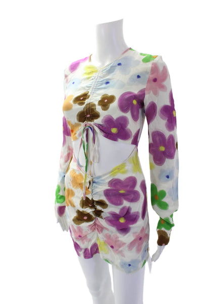 With Jean Womens Back Zip Long Sleeve Cut Out Floral Dress White Multi Size XS
