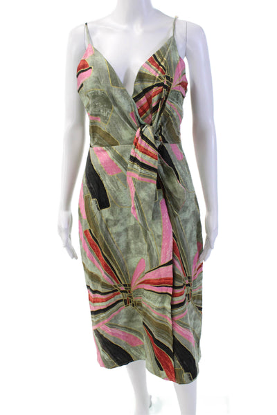 Jason Wu Womens Cotton Spaghetti Strap V-neck Tie Front Abstract Dress Green Siz