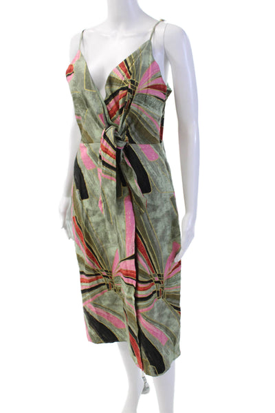 Jason Wu Womens Cotton Spaghetti Strap V-neck Tie Front Abstract Dress Green Siz