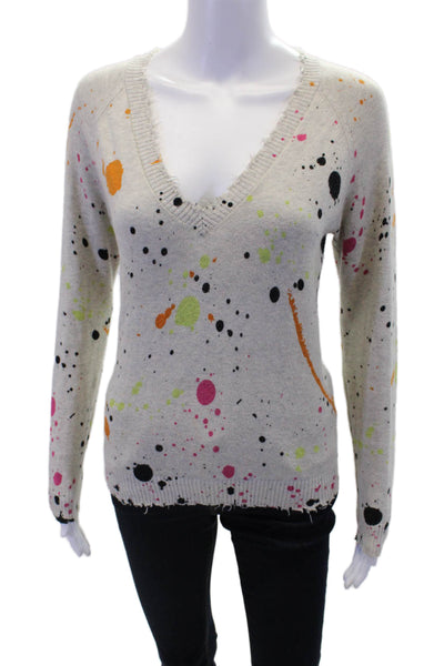 Minnie Rose Womens Cotton Paint Splatter Printed V-Neck Sweater Gray Size XS