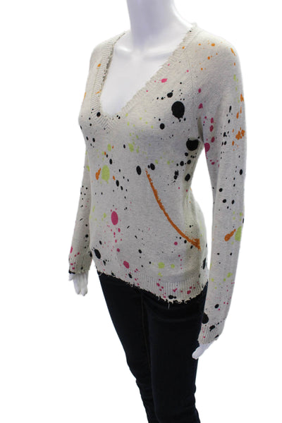 Minnie Rose Womens Cotton Paint Splatter Printed V-Neck Sweater Gray Size XS