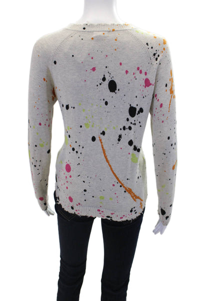Minnie Rose Womens Cotton Paint Splatter Printed V-Neck Sweater Gray Size XS