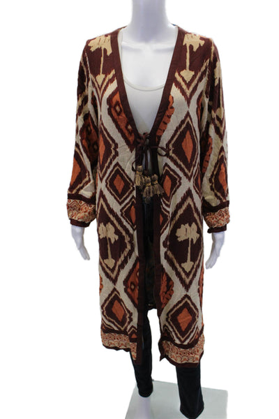 Soft Surroundings Womens Tie Front Ikat Print Topper Jacket Beige Size S