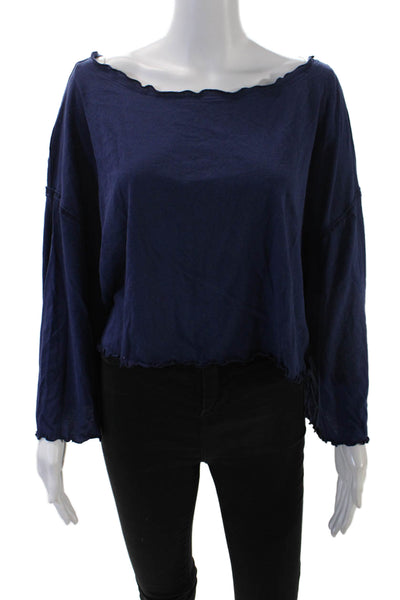 We The Free Womens 3/4 Sleeve Scoop Neck Cropped Shirt Navy Cotton Size Medium