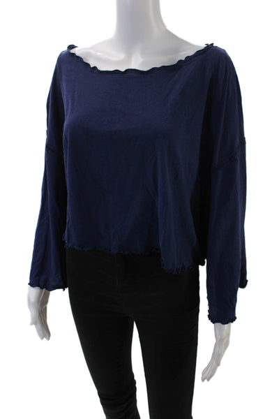 We The Free Womens 3/4 Sleeve Scoop Neck Cropped Shirt Navy Cotton Size Medium