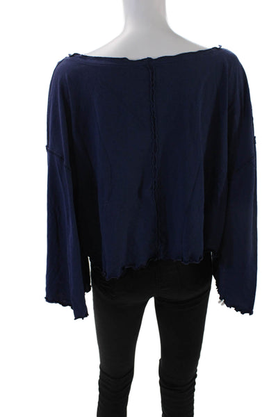 We The Free Womens 3/4 Sleeve Scoop Neck Cropped Shirt Navy Cotton Size Medium