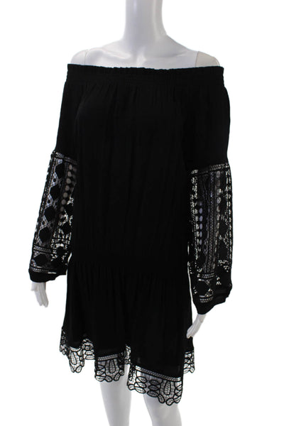 Ramy Brook Womens Lace Detail Elastic Waist Long Sleeve Dress Black Size S