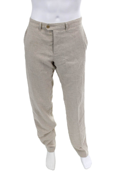 Hollander Mens Linen flat Front Straight Leg Trousers Beige Size 36