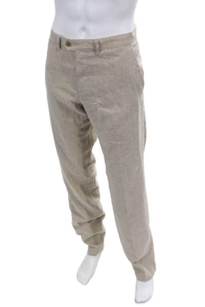 Hollander Mens Linen flat Front Straight Leg Trousers Beige Size 36