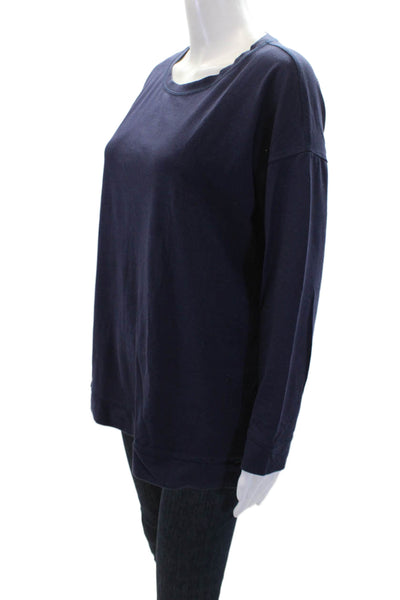 Eileen Fisher Womens Cotton Crew Neck Long Sleeve Boxy Knit Top Navy Size S