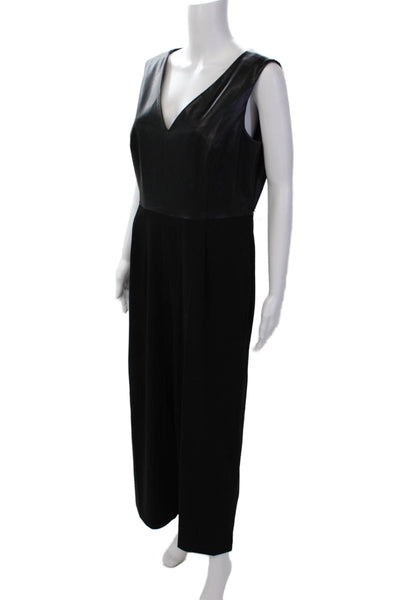 Calvin Klein Womens Vegan Leather V-Neck Sleeveless Jumpsuit Black Size 12