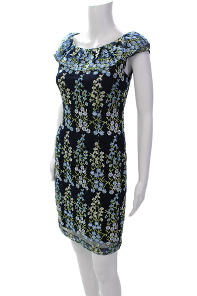 Karl Lagerfeld Womens Floral Embroidered Cap Sleeve Mid-Cakf Dress Blue Size 0