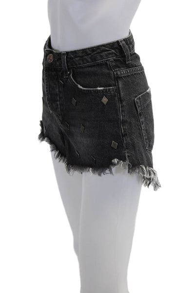 One Teaspoon Womens Cotton Frayed Studded Buttoned Denim Shorts Black Size 22