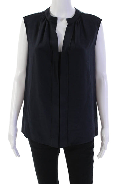 Derek Lam Womens Silk Pleated Round Neck Pullover Tank Top Blouse Navy Size 8