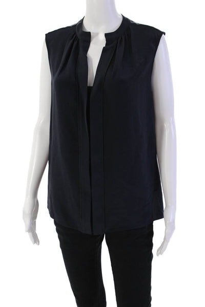 Derek Lam Womens Silk Pleated Round Neck Pullover Tank Top Blouse Navy Size 8
