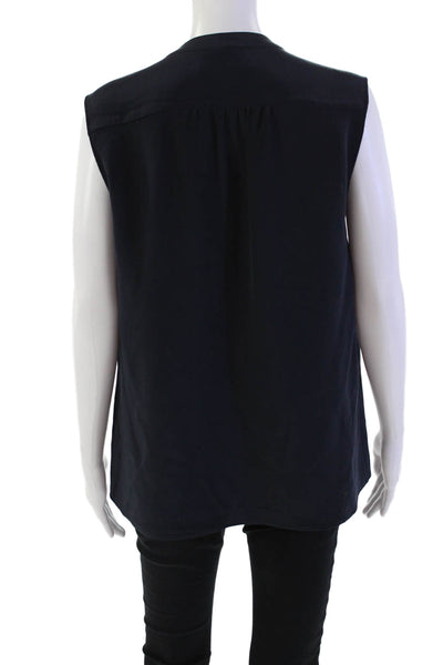 Derek Lam Womens Silk Pleated Round Neck Pullover Tank Top Blouse Navy Size 8