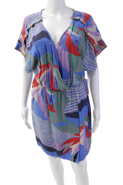 Leifsdottir Womens Short Sleeve V-neck Button Abstract Printed Romper Blue Size