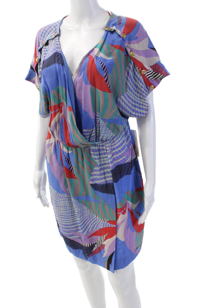 Leifsdottir Womens Short Sleeve V-neck Button Abstract Printed Romper Blue Size