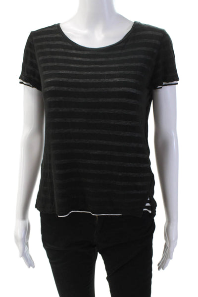 Majestic Filatures Womens Cotton Striped Scoop Neck Short Sleeve Top Black Sz 2