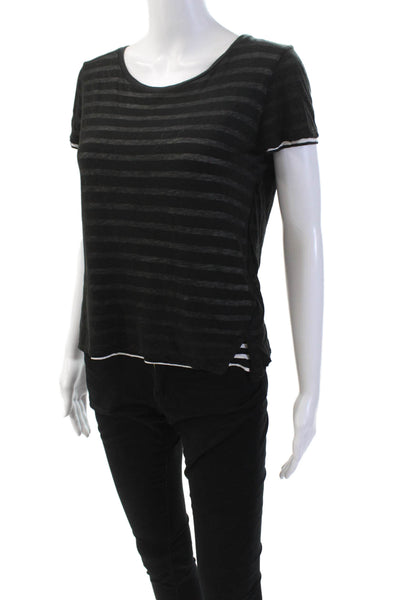 Majestic Filatures Womens Cotton Striped Scoop Neck Short Sleeve Top Black Sz 2
