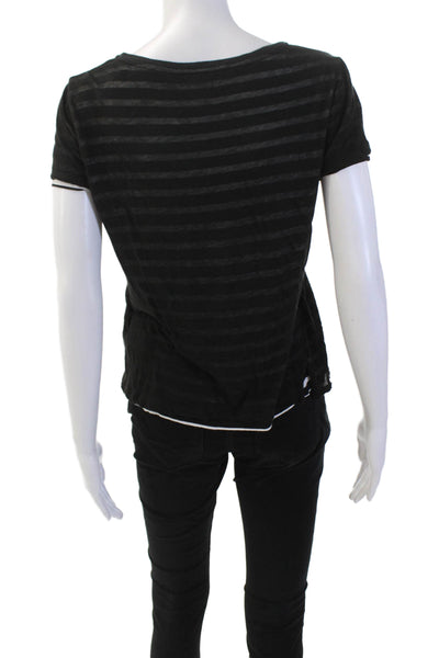 Majestic Filatures Womens Cotton Striped Scoop Neck Short Sleeve Top Black Sz 2