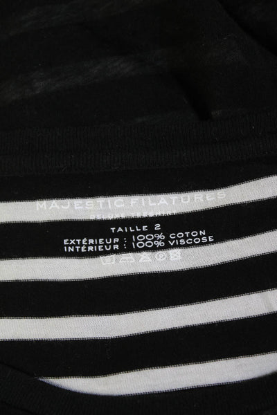 Majestic Filatures Womens Cotton Striped Scoop Neck Short Sleeve Top Black Sz 2