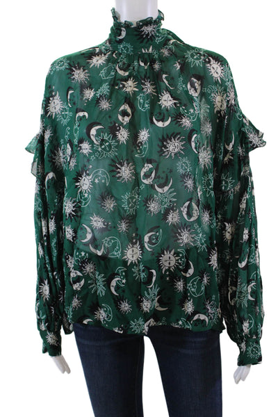 Ottod Ame Womens Sheer Sun And Moon Print Tie Neck Detail Blouse Green Size 6