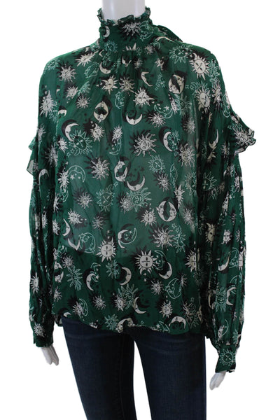 Ottod Ame Womens Sheer Sun And Moon Print Tie Neck Detail Blouse Green Size 6
