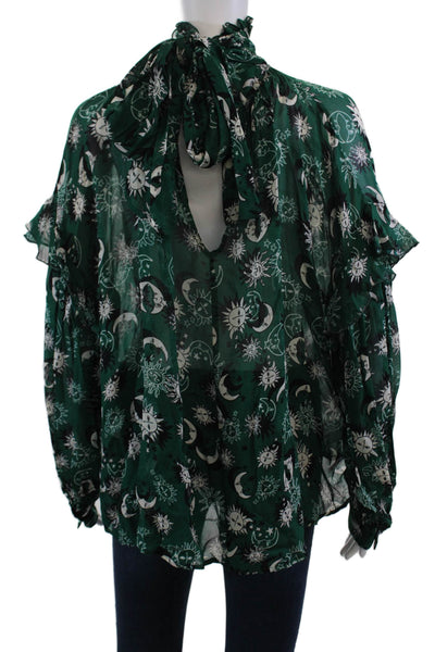 Ottod Ame Womens Sheer Sun And Moon Print Tie Neck Detail Blouse Green Size 6