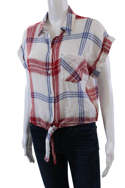 Rails Womens Collared Short Sleeve Plaid Tie Waist Crop Top Multicolor Size S