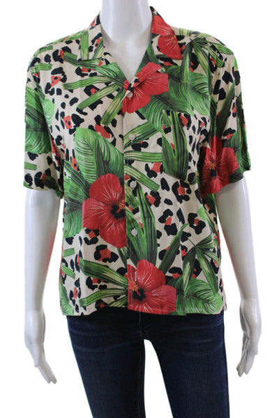 Duvin Womens Floral Animal Print Pocketed Buttoned Top Multicolor Size S