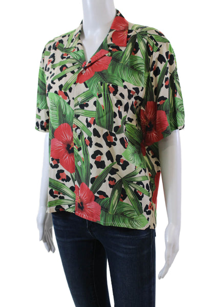 Duvin Womens Floral Animal Print Pocketed Buttoned Top Multicolor Size S