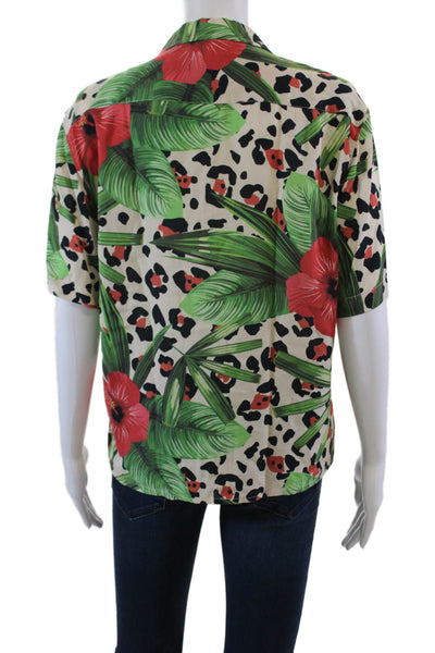Duvin Womens Floral Animal Print Pocketed Buttoned Top Multicolor Size S