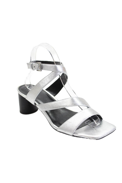 MARC FISHER LTD Womens Block Heel Metallic Ankle Strap Sandals Silver Size 7.5M