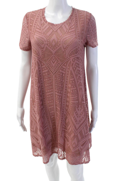 BCBGMAXAZRIA Womens Printed Crew Neck Short Sleeve Lined Dress Pink Size S