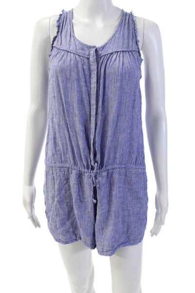 Rails Womens Linen Striped V-neck Tie Waist Sleeveless Lined Romper Blue Size M