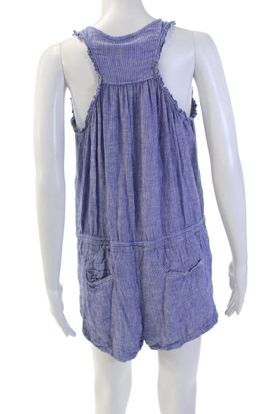 Rails Womens Linen Striped V-neck Tie Waist Sleeveless Lined Romper Blue Size M