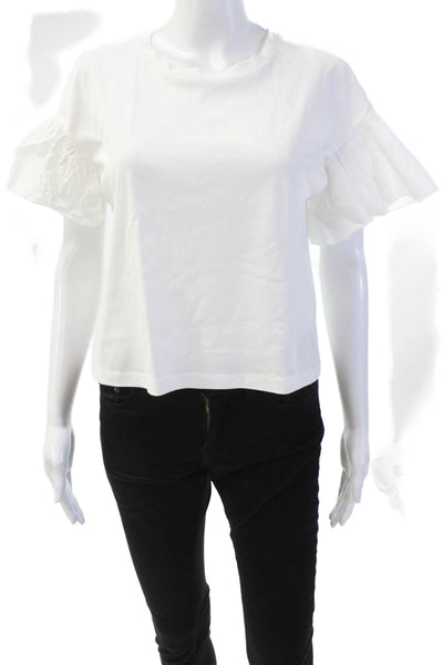 Intermix Womens Cotton Ruffle Short Sleeve Crew Neck Blouse Top White Size M