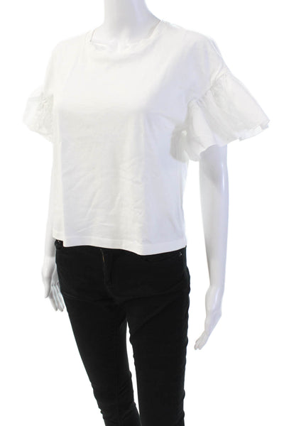 Intermix Womens Cotton Ruffle Short Sleeve Crew Neck Blouse Top White Size M