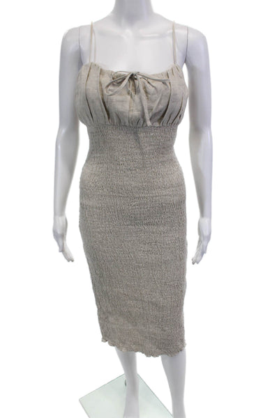 J Crew Womens Linen Smocked Sleeveless Bodycon Midi Dress Beige Size 2