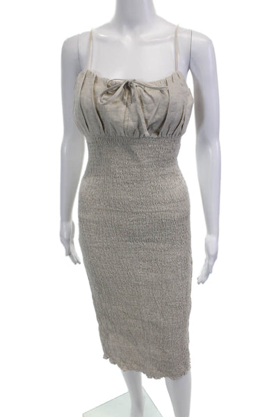 J Crew Womens Linen Smocked Sleeveless Bodycon Midi Dress Beige Size 2